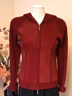 Quality Structured Knit Zip-Up Cardigan Wine-red Hooded Sweater Women M